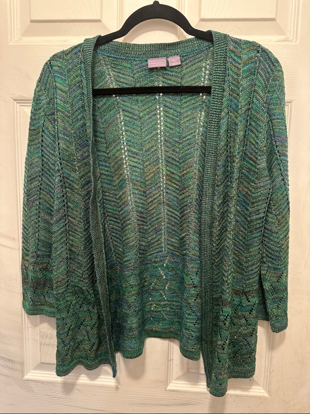 Vibrant Teal Open-Front Drapey Chevron Knit Lace Cardigan